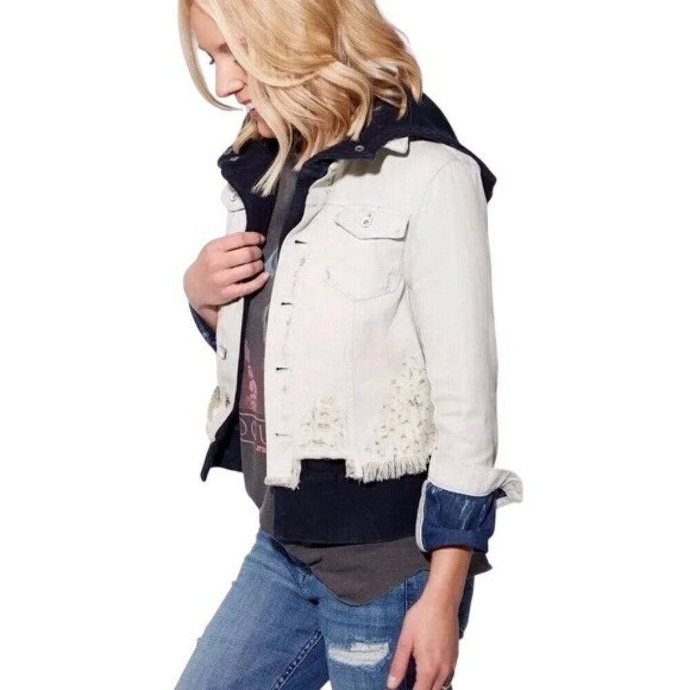 Free People Distressed Skater Grunge Layered Denim Jacket Ivory Black Size XS - Picture 1 of 15